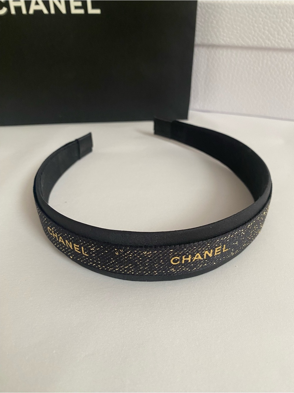 CHANEL Black & Gold Ribbon Headband